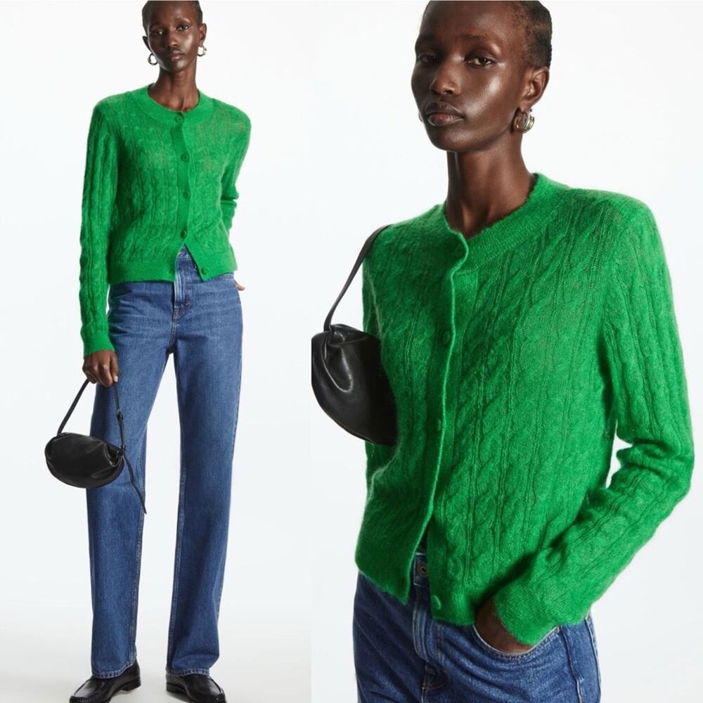 COS Cable-Knit Mohair Button Front Cardigan in Bright Green - Picture 3 of 15